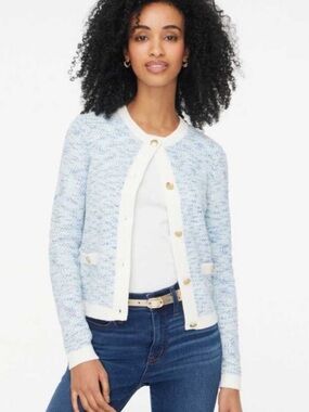 J.Crew Light Blue and White Tweed Knit Button Front Lady Cardigan Size XS NWOT
